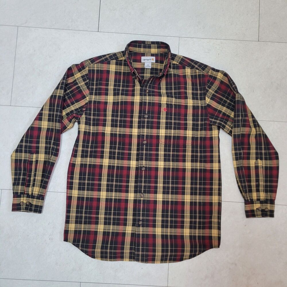 Carhartt Shirt Mens Medium Red Tan Plaid Cotton Long Sleeve Heavy Thick Work